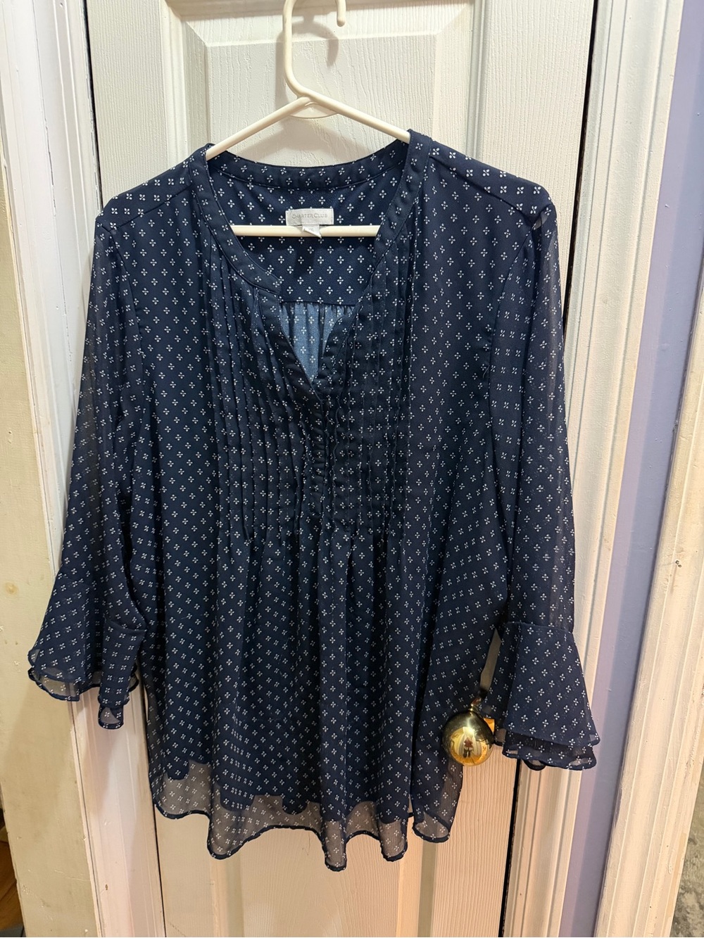 Charter Club Navy Printed Peasant Blouse with Pintuck Front